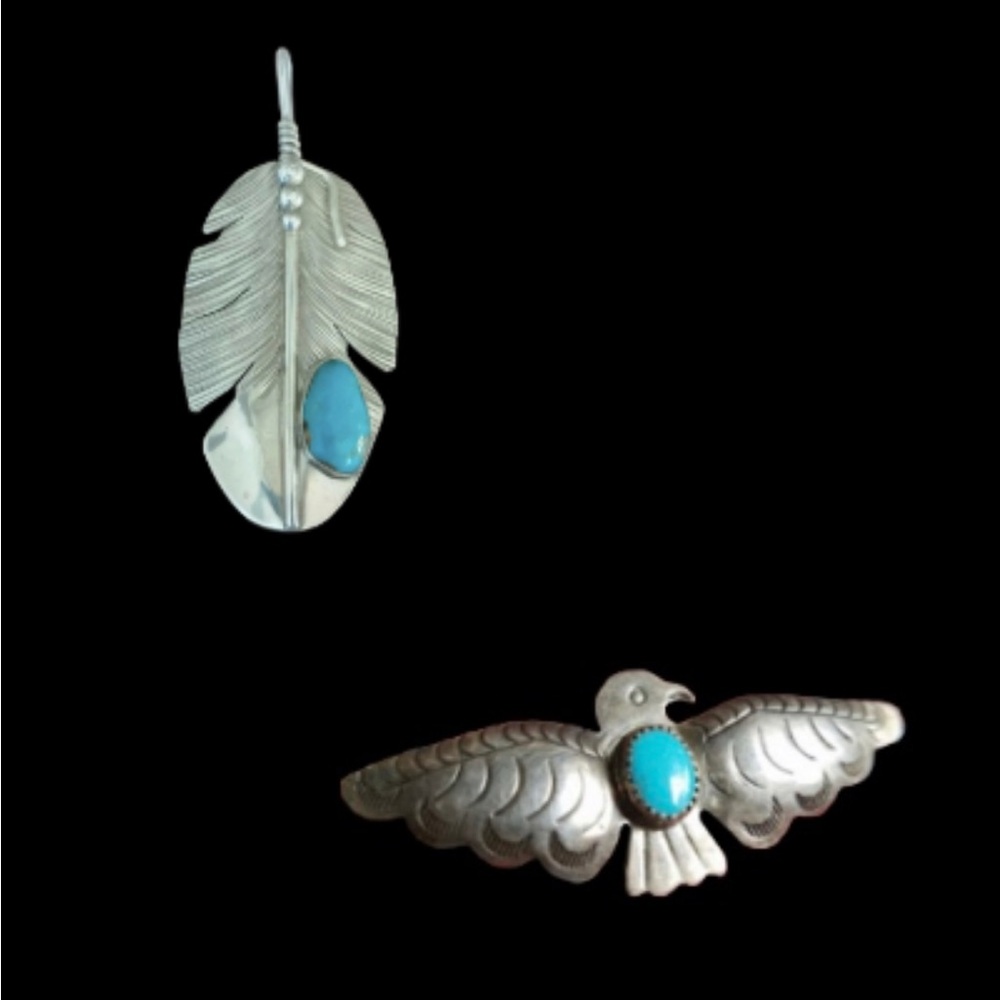 ‼️SOLD‼️ Silver Feather Pendant and Thunderbird Pin Jewelry Set with Turquoise